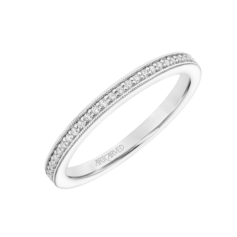 Artcarved Bridal Mounted with Side Stones Vintage Milgrain Halo Diamond Wedding Band Yvonne 14K White Gold