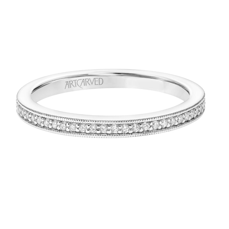 Artcarved Bridal Mounted with Side Stones Vintage Milgrain Halo Diamond Wedding Band Yvonne 14K White Gold