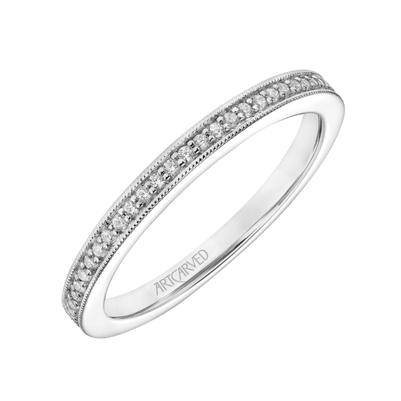 Artcarved Bridal Mounted with Side Stones Vintage Milgrain Halo Diamond Wedding Band Maeve 14K White Gold