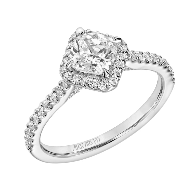 Artcarved Bridal Mounted with CZ Center Classic Halo Engagement Ring Caroline 18K White Gold