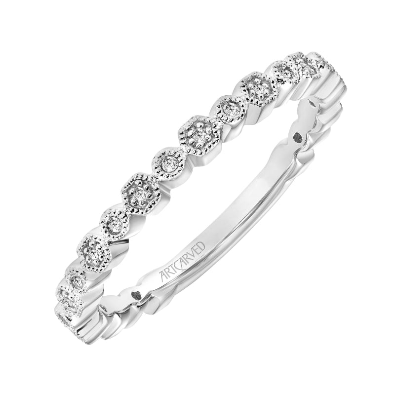 Artcarved Bridal Mounted with Side Stones Vintage Milgrain Diamond Wedding Band Annette 18K White Gold