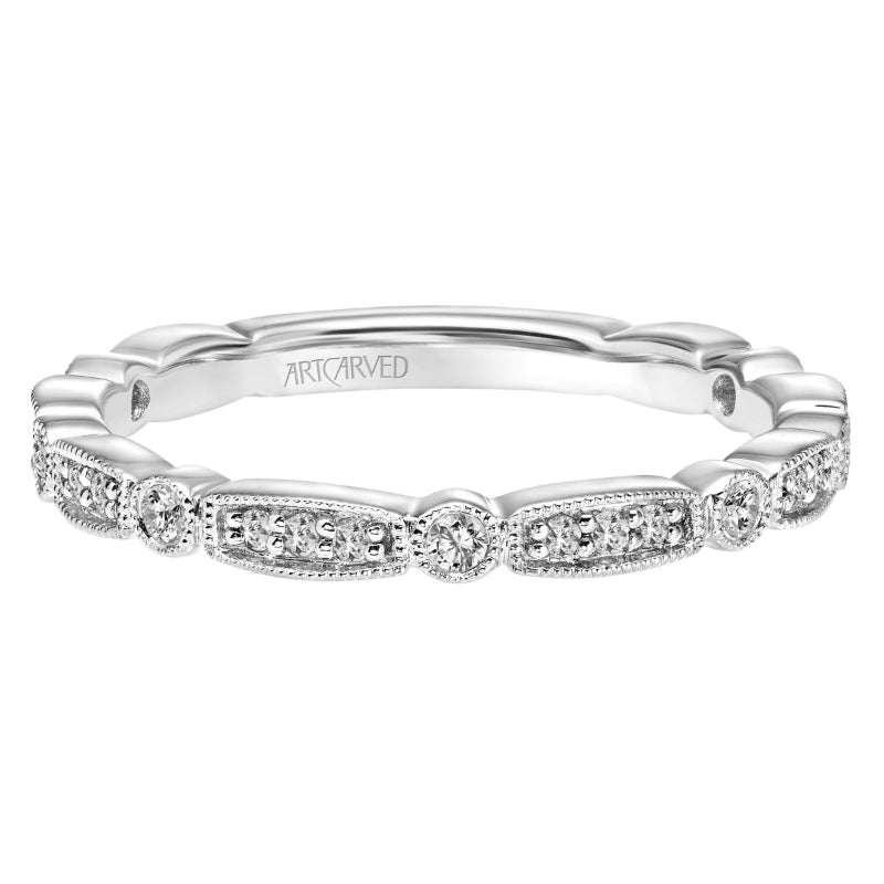 Artcarved Bridal Mounted with Side Stones Vintage Milgrain Diamond Wedding Band Alma 18K White Gold