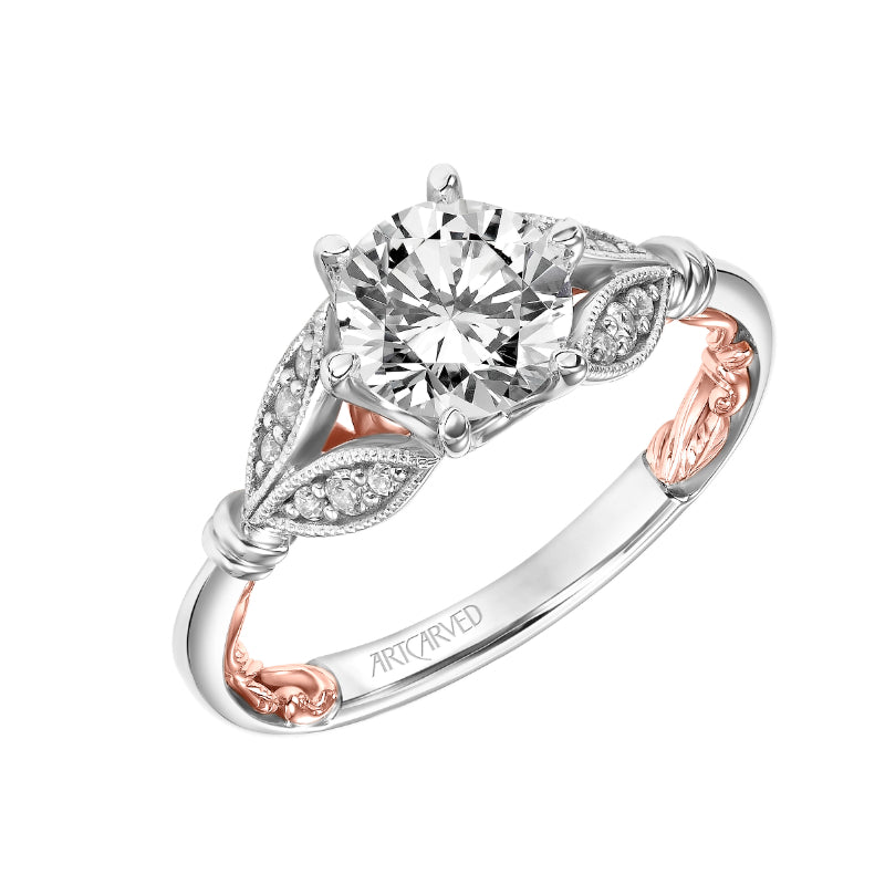 Artcarved Bridal Semi-Mounted with Side Stones Classic Lyric Engagement Ring Credence 14K White Gold Primary & 14K Rose Gold