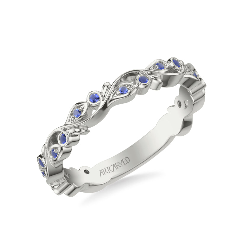 Artcarved Bridal Mounted with Side Stones Contemporary Anniversary Band 18K White Gold & Blue Sapphire