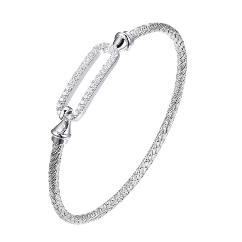 Charles Garnier Sterling Silver 3mm Mesh Hook Bangle with CZ Link (24x8mm) in Center Rhodium Finish
