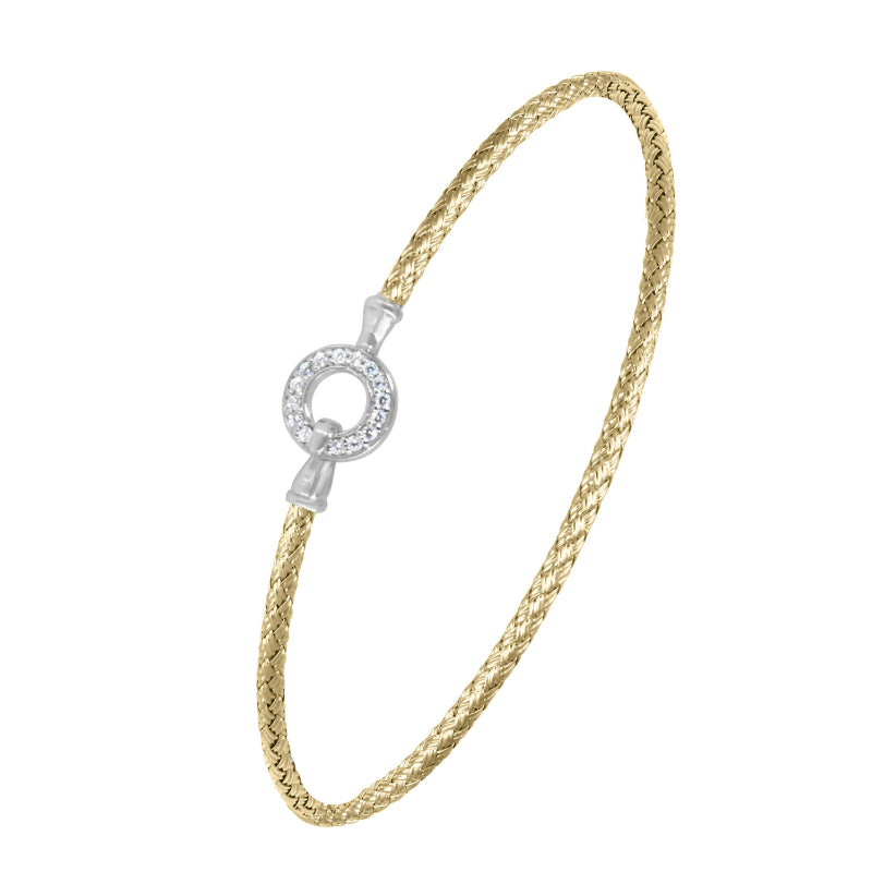 Charles Garnier Sterling Silver 2mm Mesh Bangle with CZ 2 Tone 18K Yellow Gold and Rhodium Finish