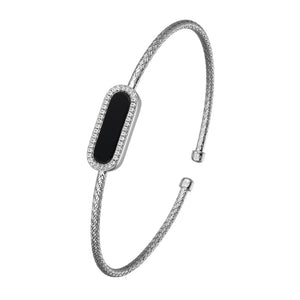 Charles Garnier Sterling Silver 2mm Mesh Cuff with Black Onyx (Paperclip Shape 17X5mm) and CZ Circumference 6.75'' Rhodium Finish