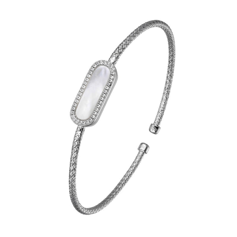 Charles Garnier Sterling Silver 2mm Mesh Cuff with White Mother of Pearl (Paperclip Shape 17X5mm) and CZ
