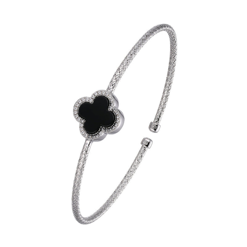 Charles Garnier Sterling Silver 2mm Mesh Cuff with Black Onyx (Clover Shape 11X11mm) and CZ Circumference 6.75'' Rhodium Finish