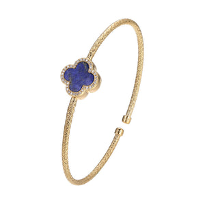 Charles Garnier Sterling Silver 2mm Mesh Cuff with Lapis Lazuli (Clover Shape 11X11mm) and CZ Circumference 6.75'' 18K Yellow Gold Finish