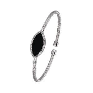 Charles Garnier Sterling Silver 3mm Mesh Cuff with Black Onyx  (Marquise Shape 2X9mm) and CZ Circumference 6.75'' Rhodium Finish