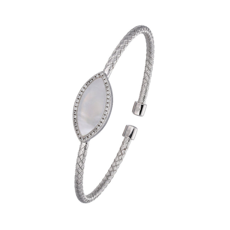 Charles Garnier Sterling Silver 3mm Mesh Cuff with White Mother of Pearl (Marquise Shape 2X9mm) and CZ