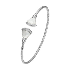 Charles Garnier Sterling Silver 2mm Mesh Cuff with White Mother of Pearl (Fan Shape 1X7mm) and CZ Circumference 6.75'' Rhodium Finish
