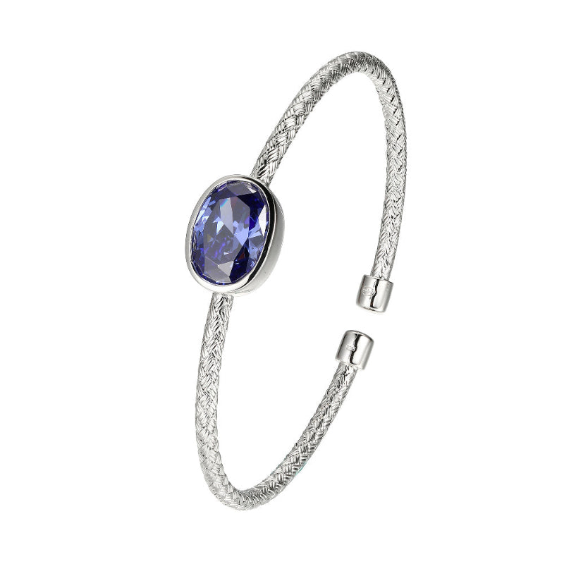 Charles Garnier Sterling Silver 3mm Mesh Cuff with Tanzanite Color CZ (Oval Shape 14X1mm) Circumference 6.75'' Rhodium Finish