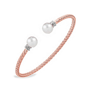 Charles Garnier Sterling Silver 3mm Mesh Cuff with Freshwater Pearl and CZ 2 Tone Rose Gold and Rhodium Finish