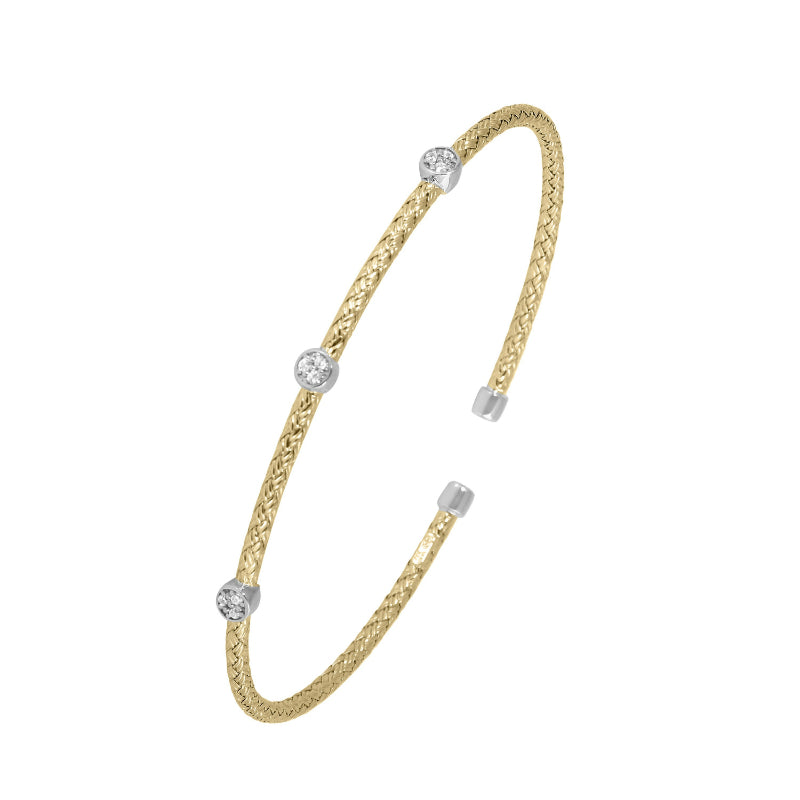 Charles Garnier Sterling Silver 2mm Mesh Cuff with CZ 2 Tone 18K Yellow Gold and Rhodium Finish