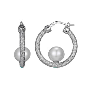 Charles Garnier Sterling Silver Mesh Earrings (25x3mm) with Freshwater Pearls (Size 9.5-1mm) Snap Bar Rhodium Finish