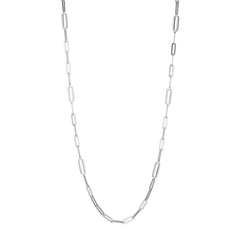 Charles Garnier Sterling Silver Necklace made with Paperclip Chain (5mm) and 6 CZ Link Stations Measures 36'' Long Rhodium Finish