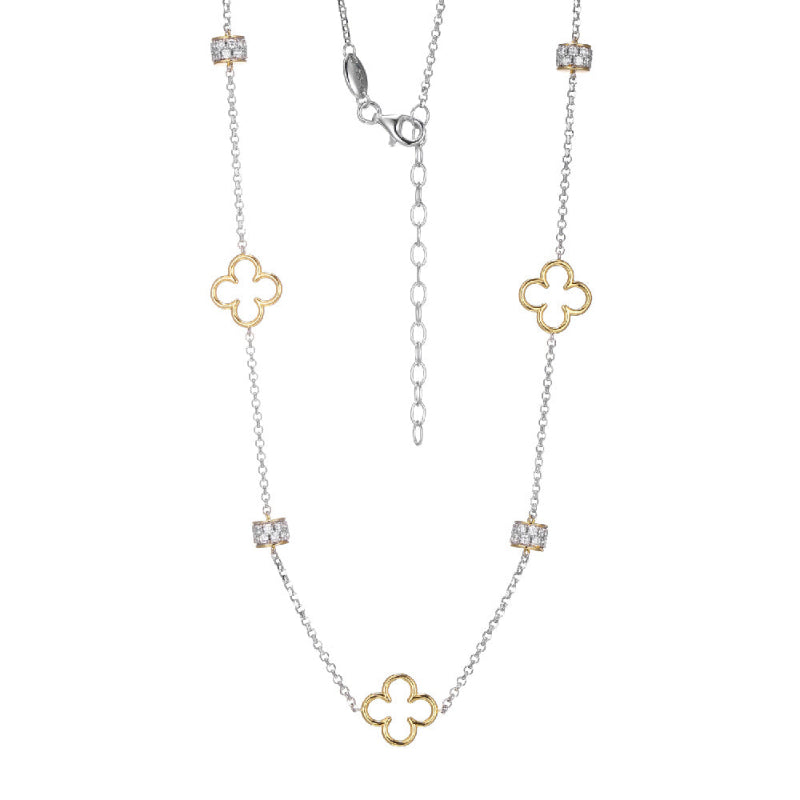 Charles Garnier Sterling Silver Necklace made with Rolo Chain and  CZ Rondelle Clover Stations Measures 17'' Long