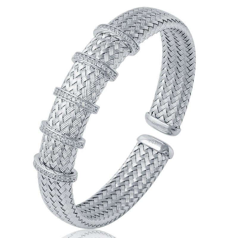 Charles Garnier Sterling Silver 12mm Mesh Cuff with CZ Rhodium Finish