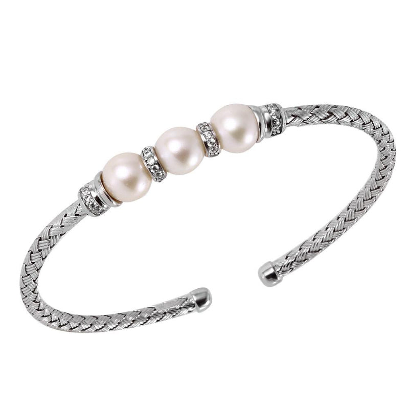 Charles Garnier Sterling Silver 3mm Mesh Cuff with Freshwater Pearl and CZ Rhodium Finish