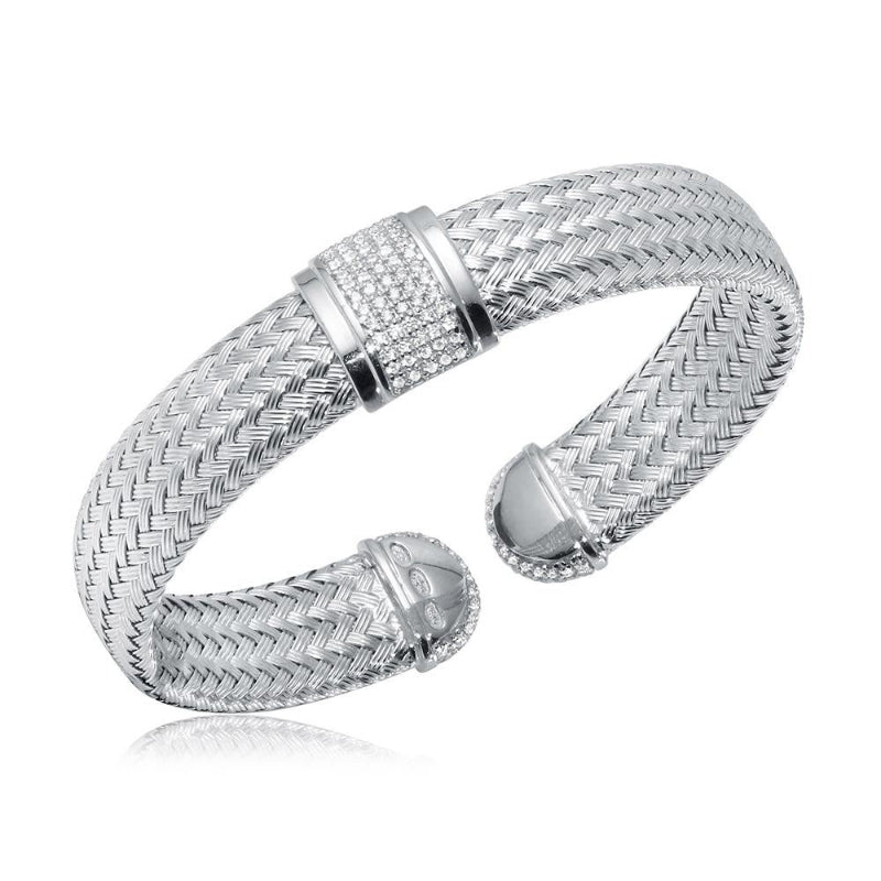 Charles Garnier Sterling Silver 12mm Mesh Cuff with CZ Reversible Rhodium Finish