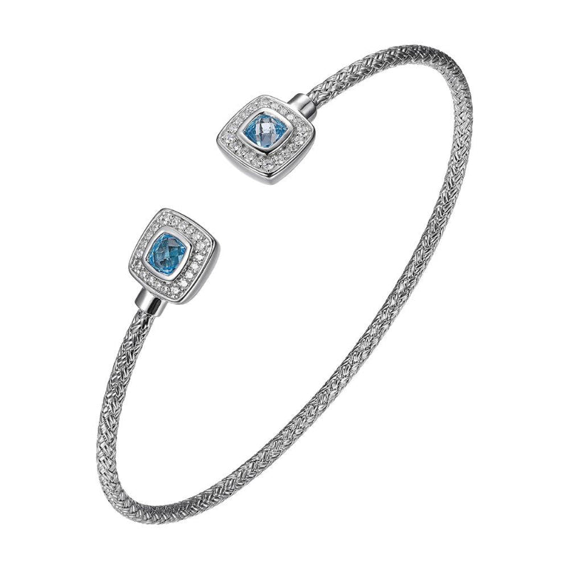 Charles Garnier Sterling Silver 2mm Mesh Cuff with Blue Topaz and CZ Stone Size 4x4mm Rhodium Finish