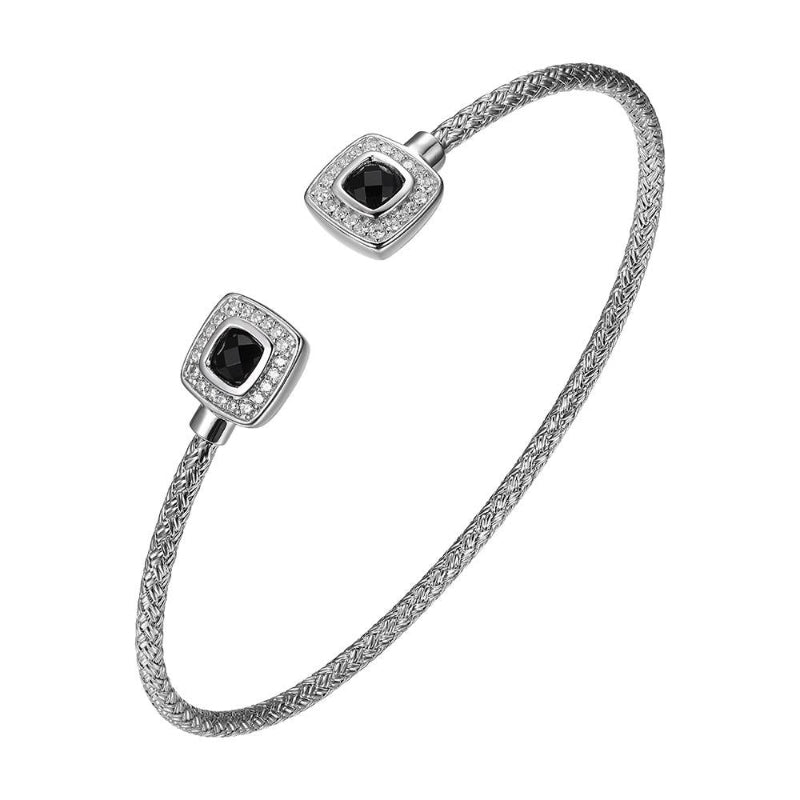 Charles Garnier Sterling Silver 2mm Mesh Cuff with Black Onyx and CZ Stone Size 4x4mm Rhodium Finish