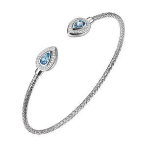 Charles Garnier Sterling Silver 2mm Mesh Cuff with Blue Topaz and CZ Stone Size 6x4mm Rhodium Finish