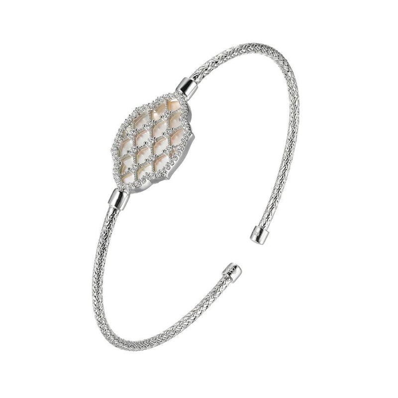 Charles Garnier Sterling Silver 2mm Mesh Cuff with Mother of Pearl and CZ  Rhodium Finish