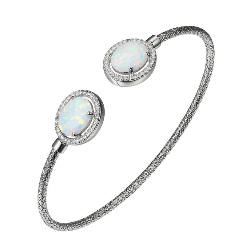 Charles Garnier Sterling Silver 2mm Mesh Cuff with Synthetic Opal and CZ Rhodium Finish