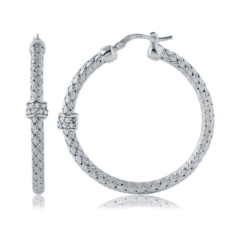 Charles Garnier Sterling Silver 3mm Mesh Earrings with CZ Round approximate 35mm Rhodium Finish