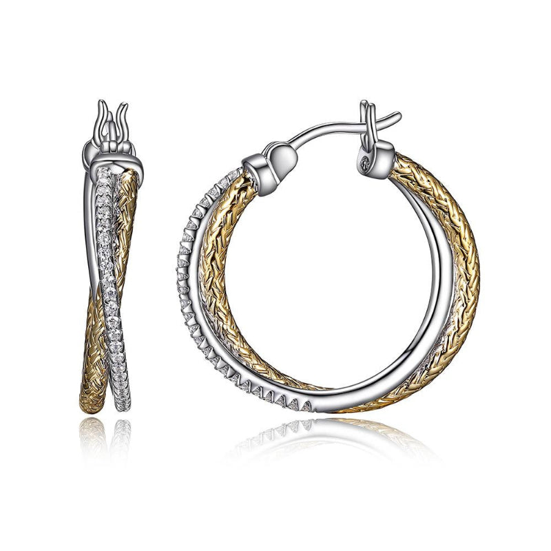 Charles Garnier Sterling Silver 2mm Mesh with CZ Hoop Earrings Round approximate 25mm 2 Tone