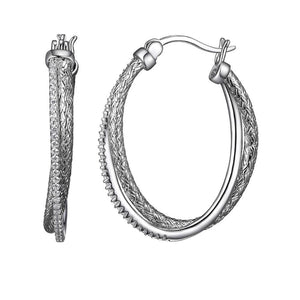 Charles Garnier Sterling Silver 2mm Mesh with CZ Hoop Earrings  Oval approximate3 x 2mm Rhodium Finish