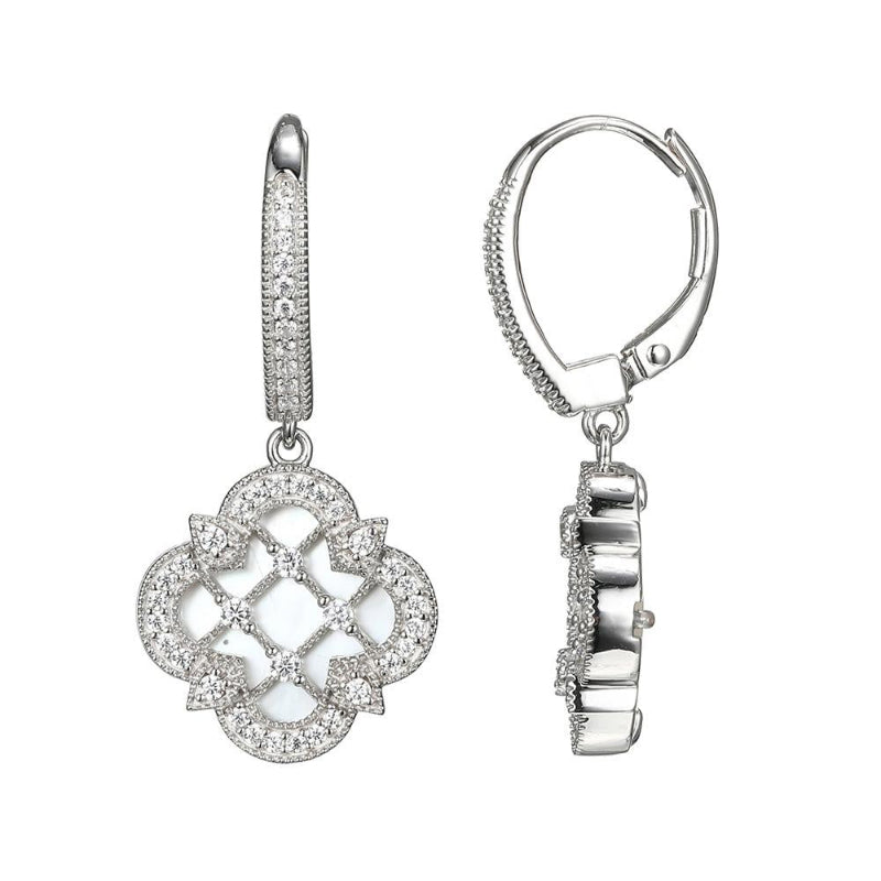 Charles Garnier Sterling Silver Earrings with Mother of Pearl and CZ  Lever Back Rhodium Finish