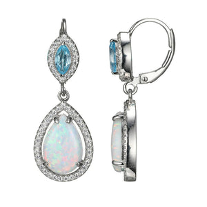 Charles Garnier Sterling Silver Earring with Synthetic Opal Swiss Blue Topaz and CZ  Rhodium Finish