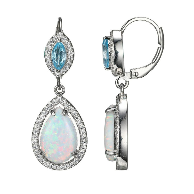 Charles Garnier Sterling Silver Earring with Synthetic Opal Swiss Blue Topaz and CZ  Rhodium Finish