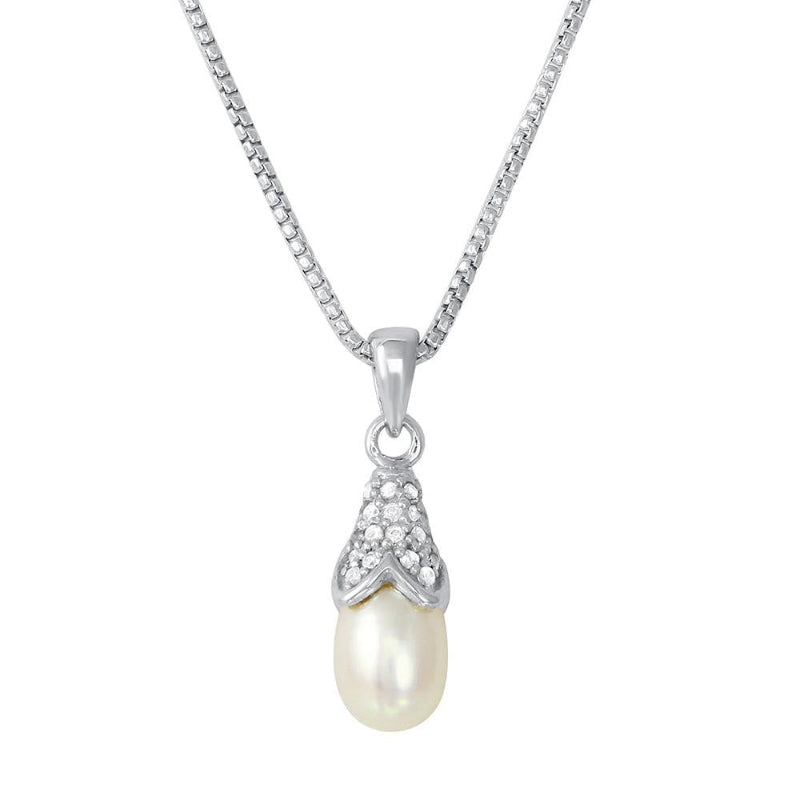 Charles Garnier Sterling Silver Necklace with Freshwater Pearl and CZ 17''+2'' Rhodium Finish