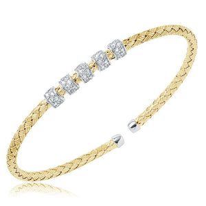 Charles Garnier Sterling Silver 3mm Mesh Cuff with CZ 2 Tone 18K Yellow Gold and Rhodium Finish