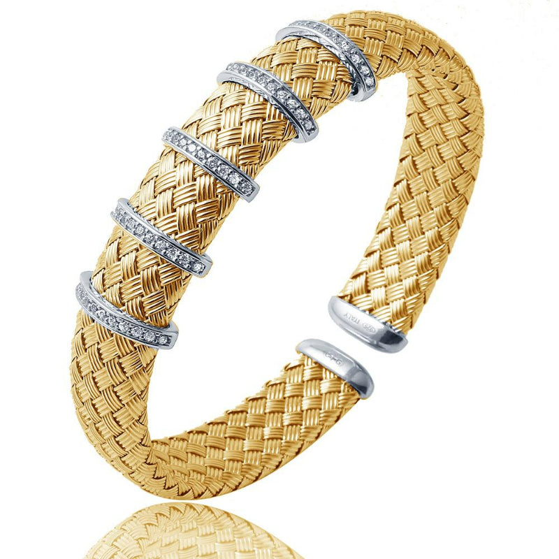 Charles Garnier Sterling Silver 12mm Mesh Cuff with CZ 2-Tone 18K Yellow Gold and Rhodium Finish