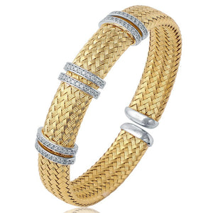 Charles Garnier Sterling Silver 12mm Mesh Cuff with CZ 2-Tone 18K Yellow Gold and Rhodium Finish