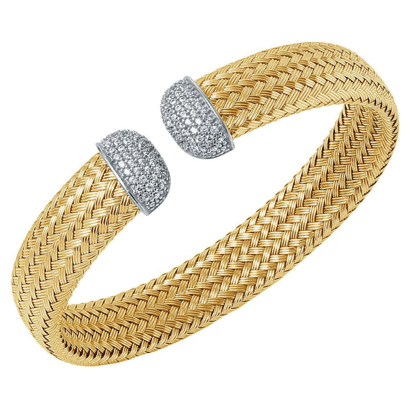 Charles Garnier Sterling Silver 12mm Mesh Cuff with CZ 2 Tone 18K Yellow Gold and Rhodium Finish