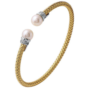 Charles Garnier Sterling Silver 4mm Mesh Cuff with Freshwater Pearl and CZ 2 Tone 18K Yellow Gold and Rhodium Finish