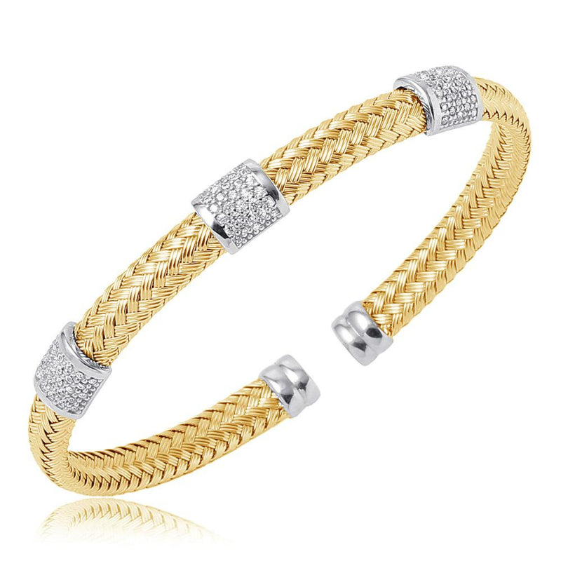 Charles Garnier Sterling Silver 6mm Mesh Cuff with CZ 2 Tone 18K Yellow Gold and Rhodium Finish