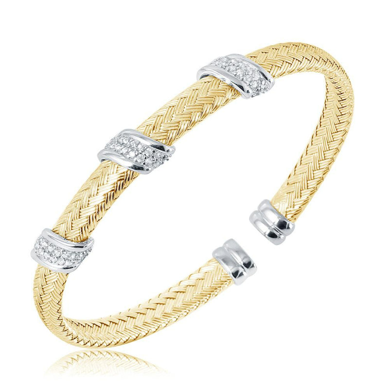 Charles Garnier Sterling Silver 6mm Mesh Cuff with CZ 2 Tone 18K Yellow Gold and Rhodium Finish