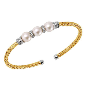 Charles Garnier Sterling Silver 3mm Mesh Cuff with Freshwater Pearl and CZ 2 Tone 18K Yellow Gold and Rhodium Finish