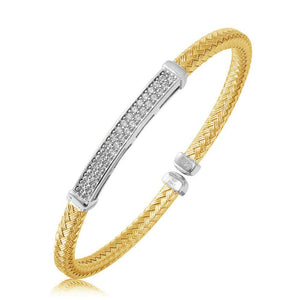 Charles Garnier Sterling Silver 4mm Mesh Cuff with CZ 2 Tone 18K Yellow Gold and Rhodium Finish