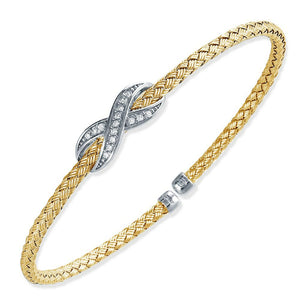 Charles Garnier Sterling Silver 3mm Mesh Cuff with CZ 2 Tone 18K Yellow Gold and Rhodium Finish