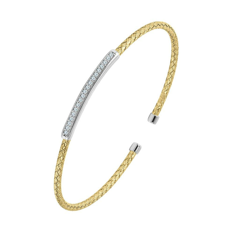 Charles Garnier Sterling Silver 2mm Mesh Cuff with CZ 2 Tone 18K Yellow Gold and Rhodium Finish