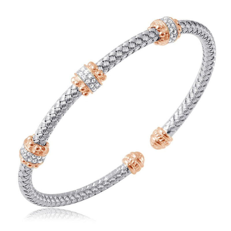 Charles Garnier Sterling Silver 4mm Mesh Cuff with Created Sapphire 2 Tone Rhodium and Rose Gold Finish